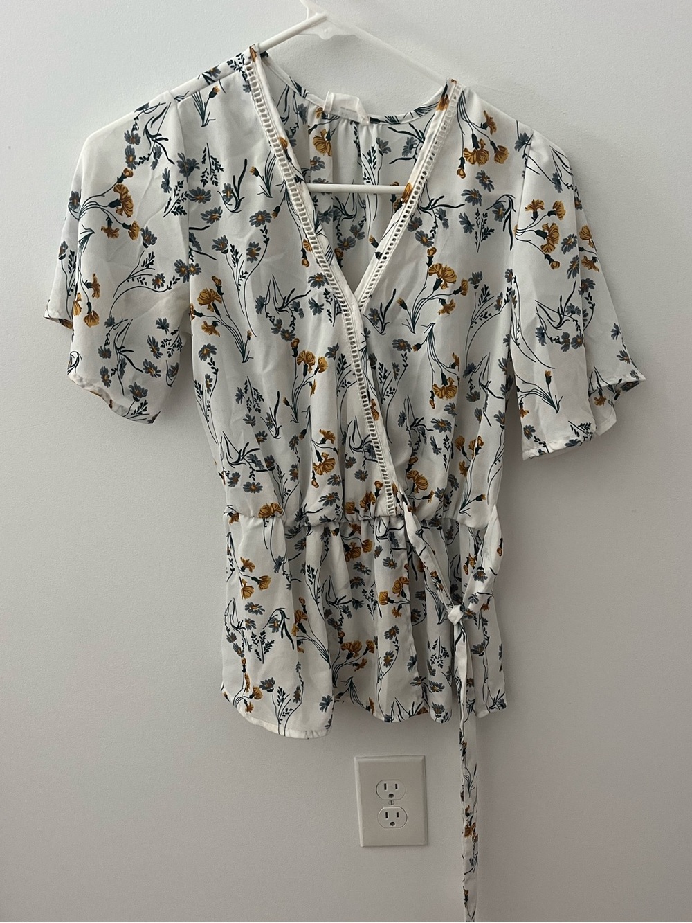 Floral Print Faux Wrap Top with Waist Tie